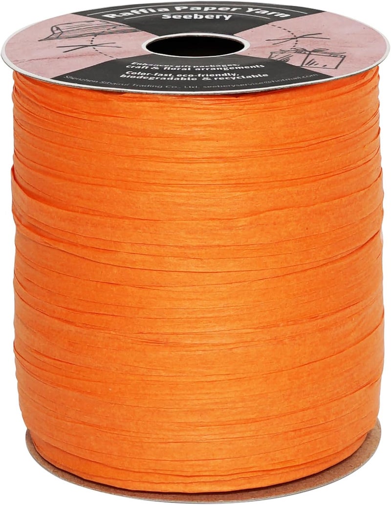SEEBERY Raffia Ribbon for Crafts - Raffia Yarn Grass Twine for Gift Wrapping, DIY Decoration & More | Matte String Paper Rope for Crochet - 100 Yards, Orange - Image 1